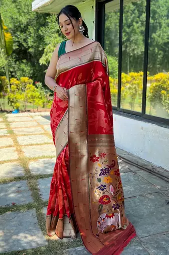 Red woven paithani silk saree with blouse piece