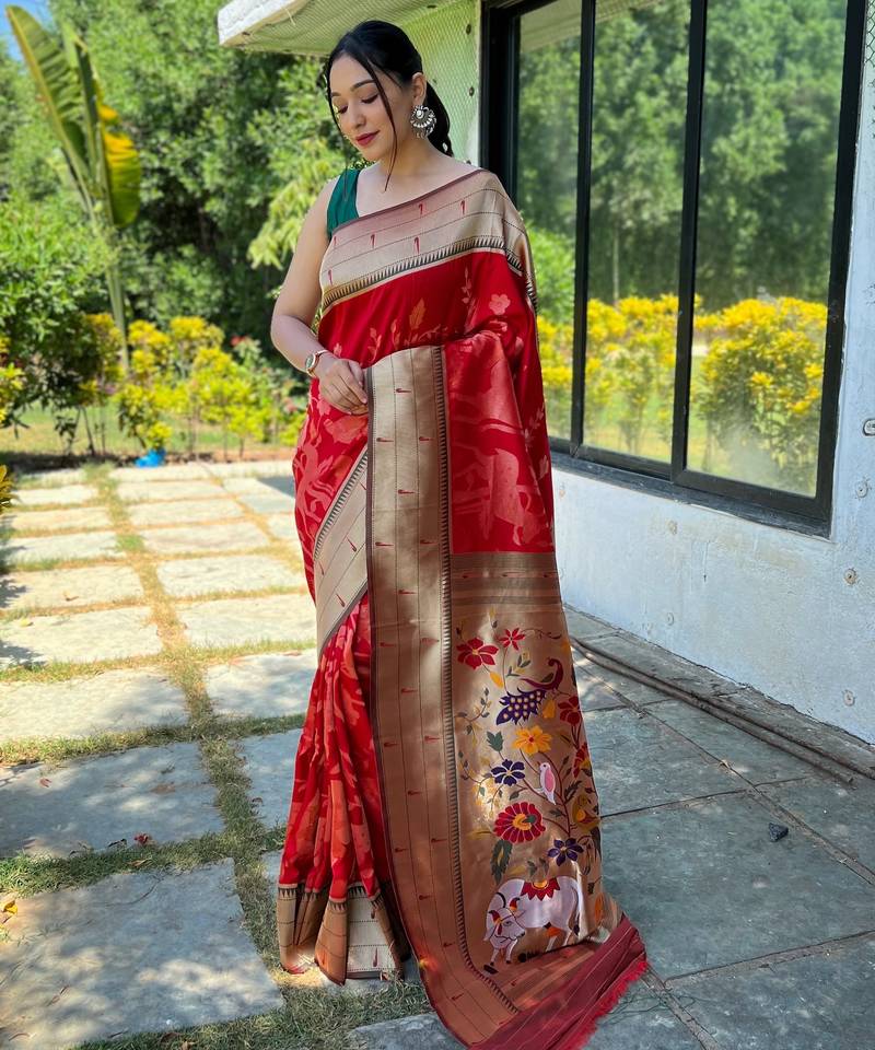 Red woven paithani silk saree with blouse piece