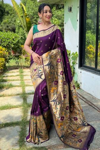 Wine woven paithani silk saree with blouse piece