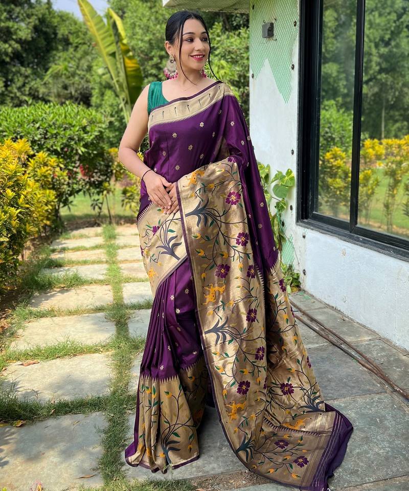 Wine woven paithani silk saree with blouse piece
