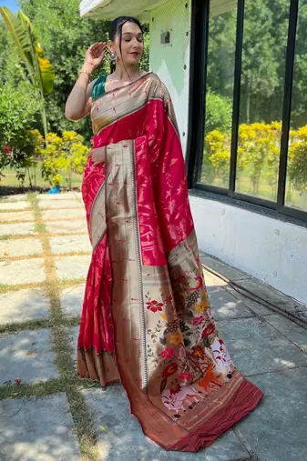 Pink woven paithani silk saree with blouse piece