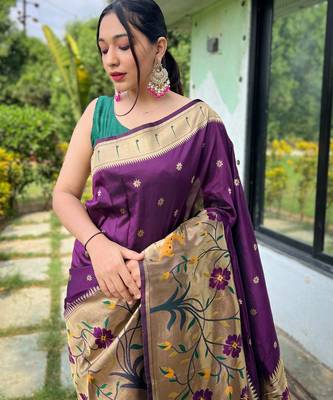 Wine woven paithani silk saree with blouse piece 2