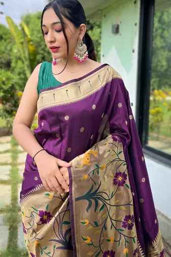 Wine woven paithani silk saree with blouse piece