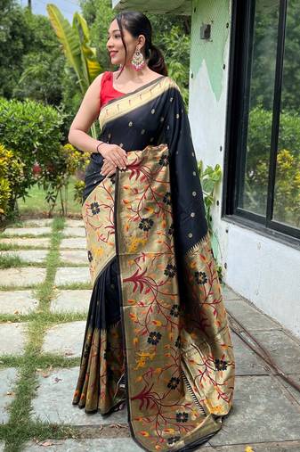 Black woven paithani silk saree with blouse piece