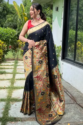 Black woven paithani silk saree with blouse piece