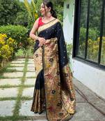 Black woven paithani silk saree with blouse piece