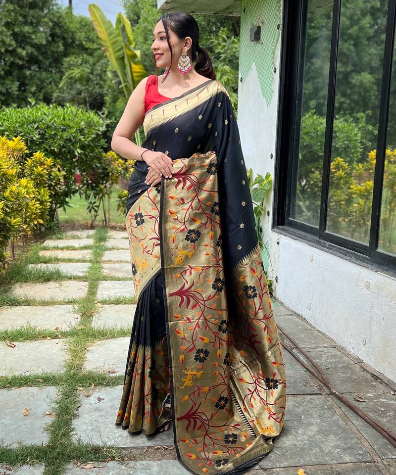 Black woven paithani silk saree with blouse piece
