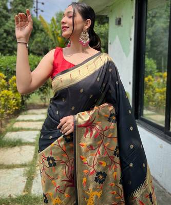 Black woven paithani silk saree with blouse piece 2
