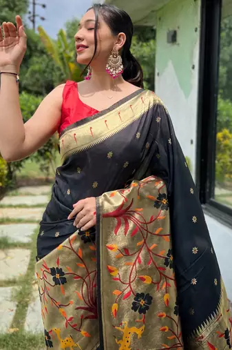 Black woven paithani silk saree with blouse piece