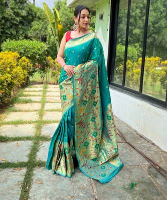 Turquoise woven paithani silk saree with blouse piece 1
