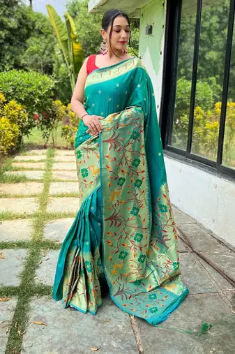 Turquoise woven paithani silk saree with blouse piece