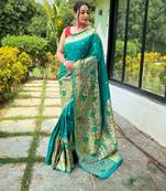 Turquoise woven paithani silk saree with blouse piece
