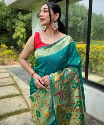 Turquoise woven paithani silk saree with blouse piece 2
