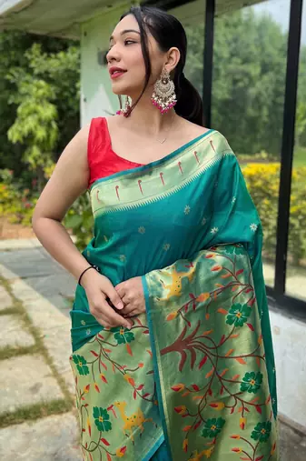 Turquoise woven paithani silk saree with blouse piece
