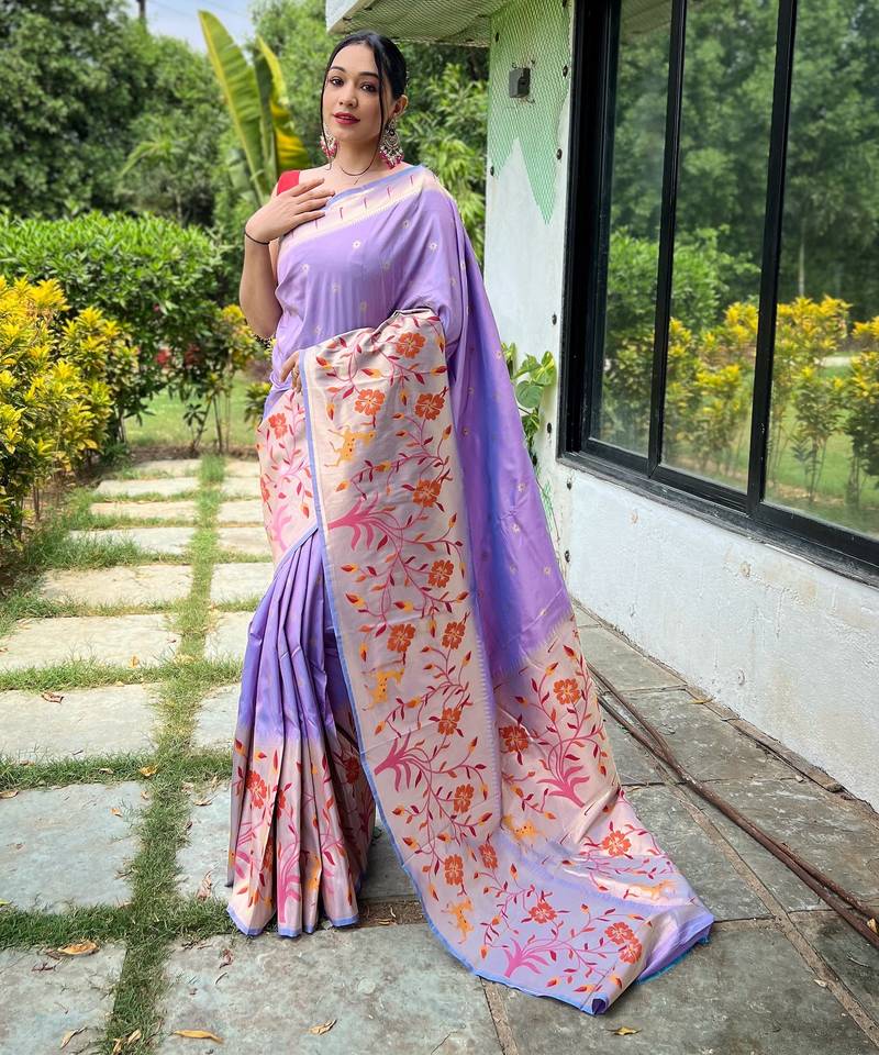 Purple woven paithani silk saree with blouse piece