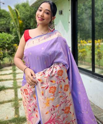 Purple woven paithani silk saree with blouse piece 2