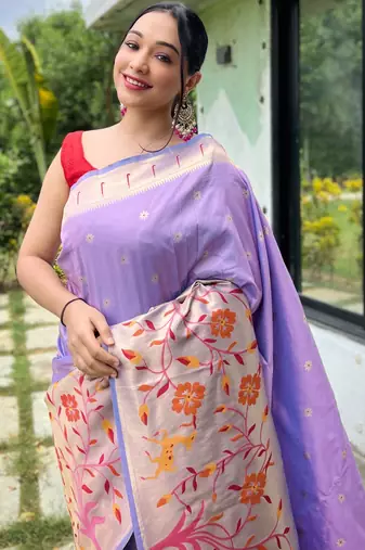 Purple woven paithani silk saree with blouse piece