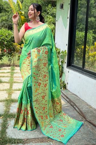 Green woven paithani silk saree with blouse piece