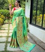 Green woven paithani silk saree with blouse piece