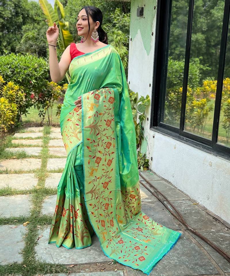 Green woven paithani silk saree with blouse piece
