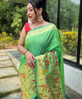 Green woven paithani silk saree with blouse piece 2