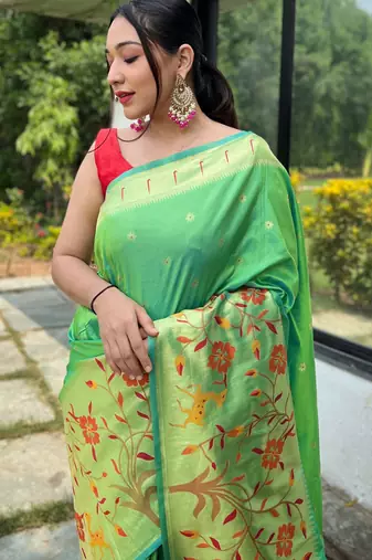 Green woven paithani silk saree with blouse piece