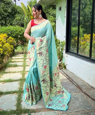 Sky blue woven paithani silk saree with blouse piece 1