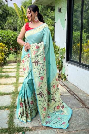 Sky blue woven paithani silk saree with blouse piece