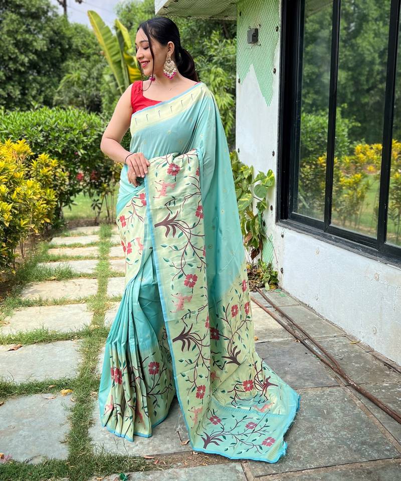 Sky blue woven paithani silk saree with blouse piece
