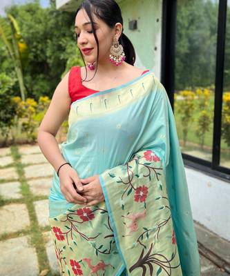 Sky blue woven paithani silk saree with blouse piece 2