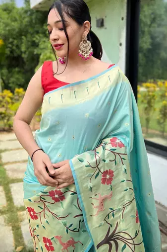 Sky blue woven paithani silk saree with blouse piece