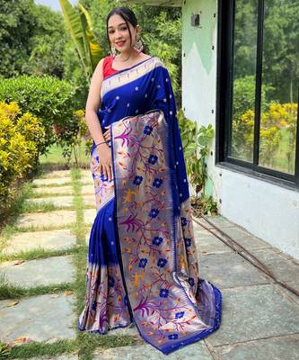 Blue woven paithani silk saree with blouse piece 1