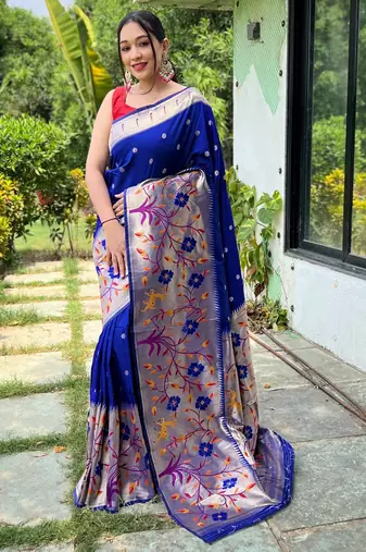 Blue woven paithani silk saree with blouse piece