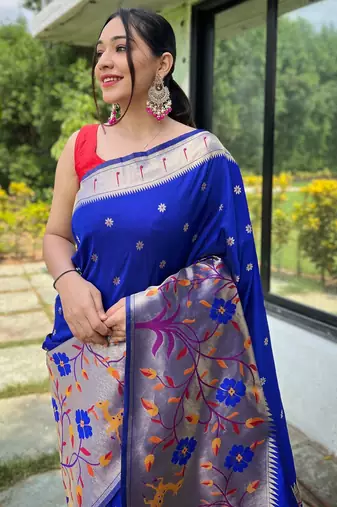 Blue woven paithani silk saree with blouse piece