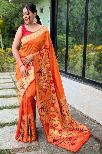 Orange woven paithani silk saree with blouse piece