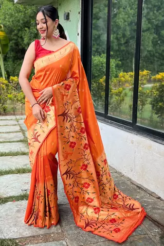 Orange woven paithani silk saree with blouse piece