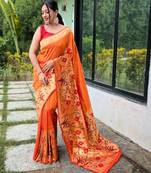 Orange woven paithani silk saree with blouse piece