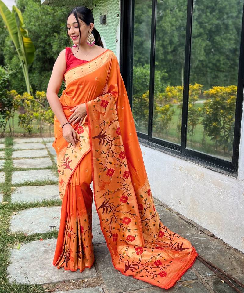 Orange woven paithani silk saree with blouse piece