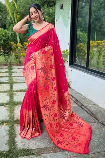 Pink woven paithani silk saree with blouse piece