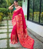 Pink woven paithani silk saree with blouse piece