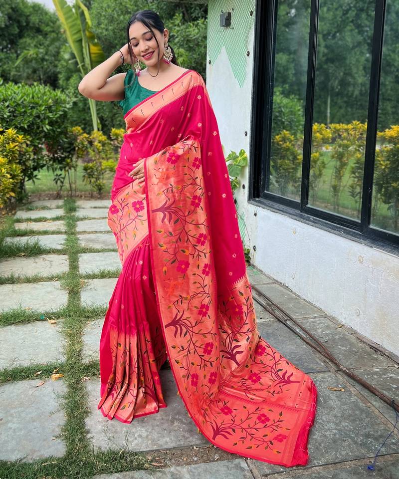 Pink woven paithani silk saree with blouse piece