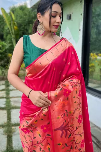 Pink woven paithani silk saree with blouse piece