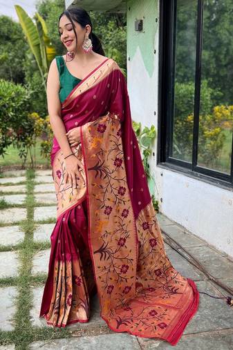 Wine woven paithani silk saree with blouse piece
