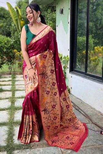 Wine woven paithani silk saree with blouse piece