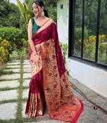 Wine woven paithani silk saree with blouse piece