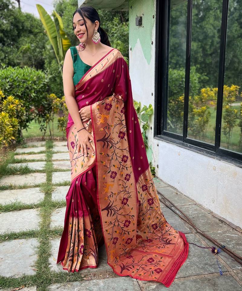 Wine woven paithani silk saree with blouse piece