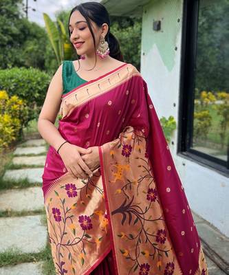 Wine woven paithani silk saree with blouse piece 2