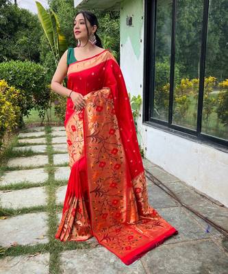 Red woven paithani silk saree with blouse piece 1