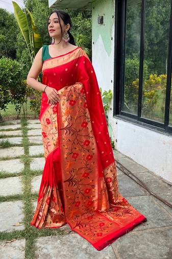 Red woven paithani silk saree with blouse piece
