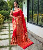 Red woven paithani silk saree with blouse piece